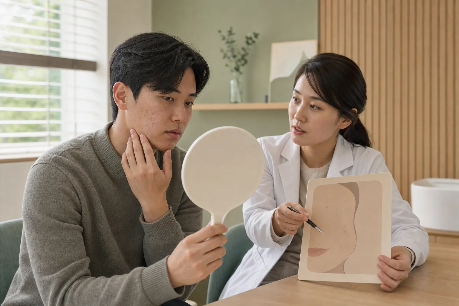 활동성 여드름과 남은 흔적을 구분해 상담하는 모습