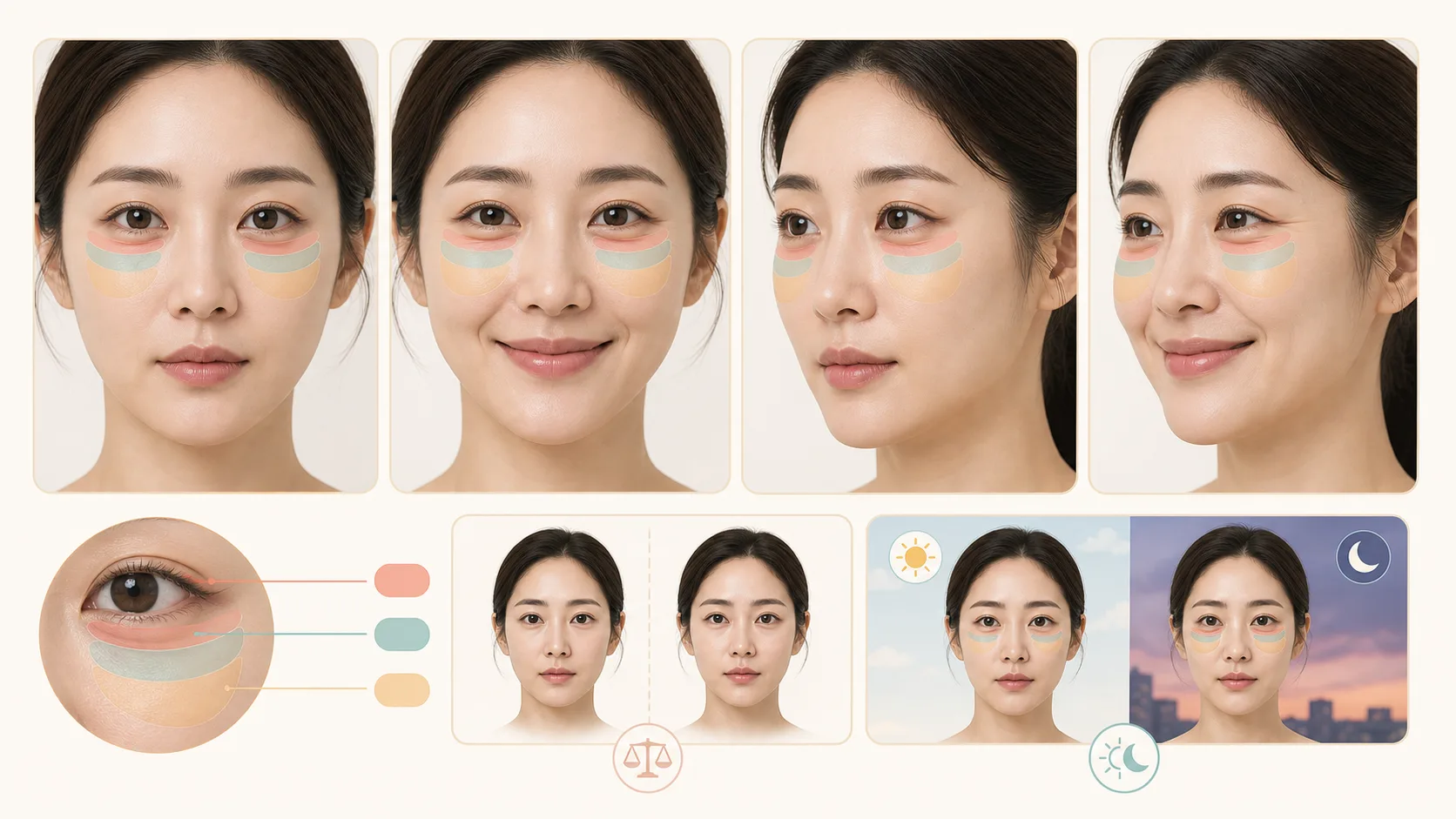 힘을 뺀 표정과 웃는 표정에서 애교살, 눈밑고랑, 기존 부종 위치를 나누어 기록한 눈가 상담 지도