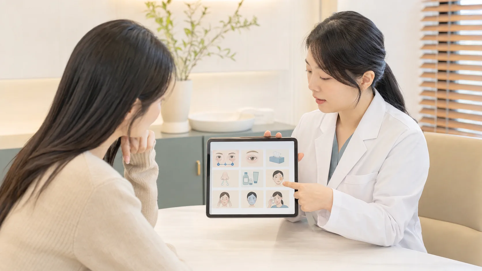 과거 눈가 필러와 수술 이력, 반복 부종, 복용약과 시술 후 변화 신호를 확인하는 상담 장면
