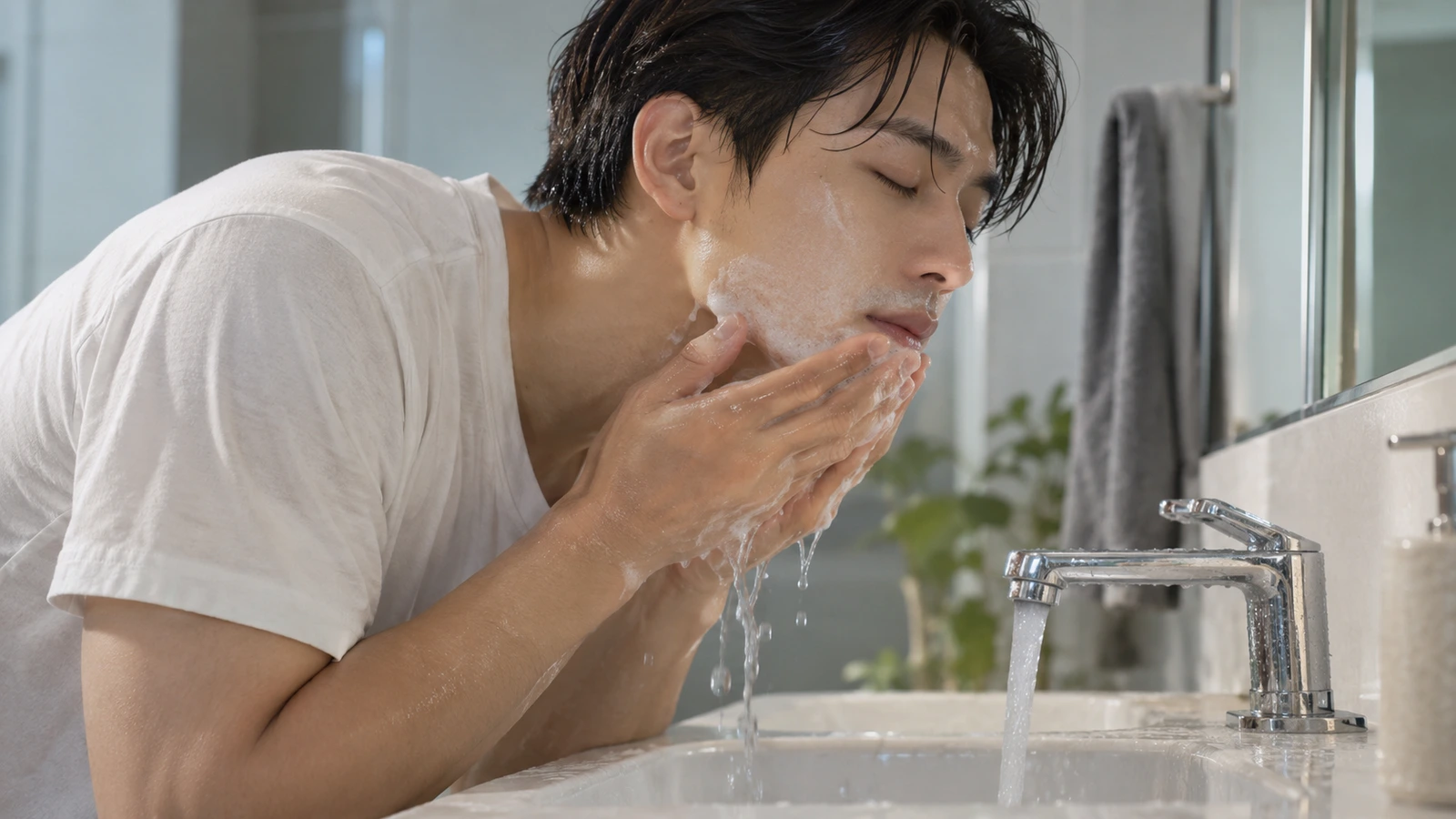 세면대에서 눈을 감고 젖은 두 손으로 턱과 볼의 거품을 씻는 성인