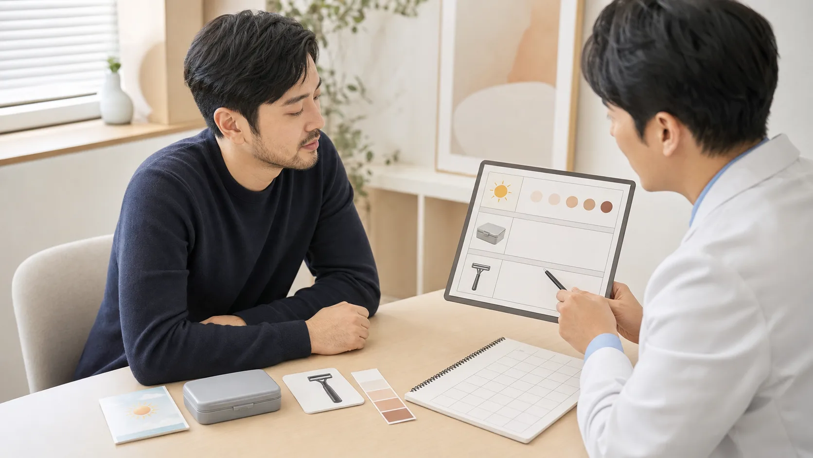 수염제모 상담에서 최근 햇빛 노출과 복용약, 면도 자극, 피부 회복 일정을 확인하는 장면