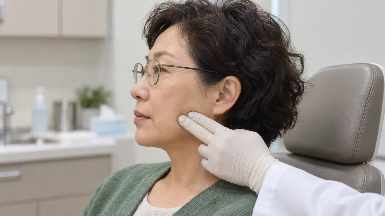 진료 의자에 앉은 안경 쓴 여성의 귀 앞 아래 볼에 장갑 낀 손끝 두 개가 닿아 있는 측면 장면
