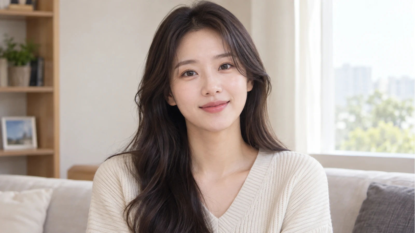 밝은 실내 소파에 앉아 볼과 턱선을 드러낸 성인 여성