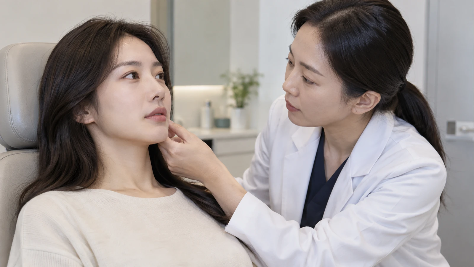 진료 의자에 앉은 여성의 턱선을 한 손으로 가볍게 살피는 의료진 역할 인물