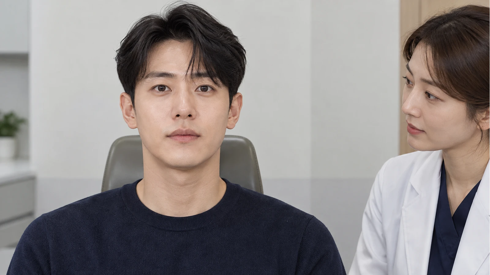 양쪽 귀가 보이도록 정면에 앉은 성인을 옆에서 관찰하는 의료진
