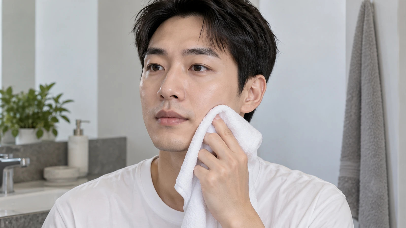눈썹에 닿지 않게 흰 천을 볼 아래에 가볍게 대고 있는 성인