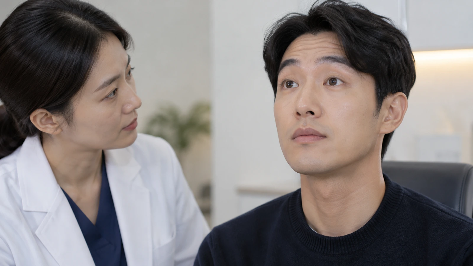 눈썹을 올려 이마에 주름이 잡힌 남성과 옆에서 얼굴을 살펴보는 의료진 역할의 여성