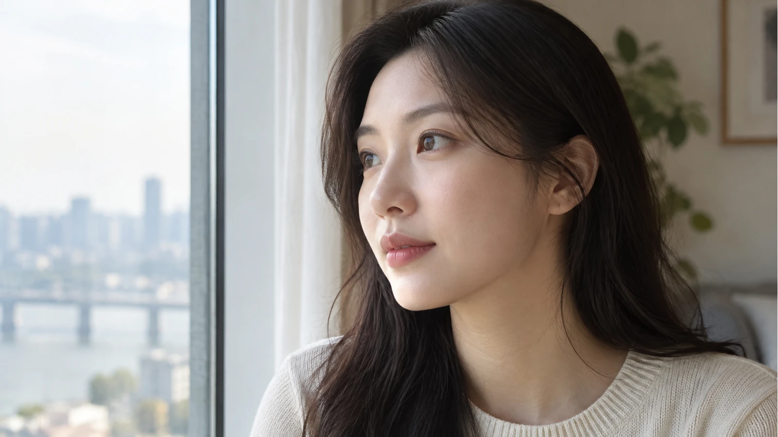 창가에서 옆을 바라보는 성인의 자연스러운 볼 피부
