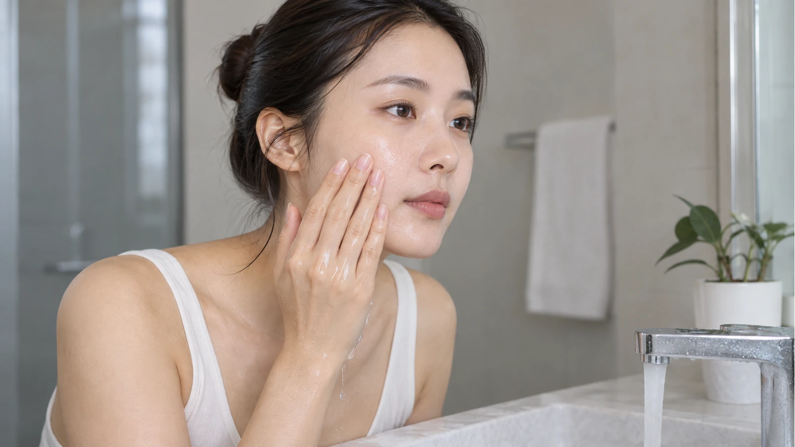 세면 공간에서 젖은 볼에 한 손을 가볍게 대고 있는 성인