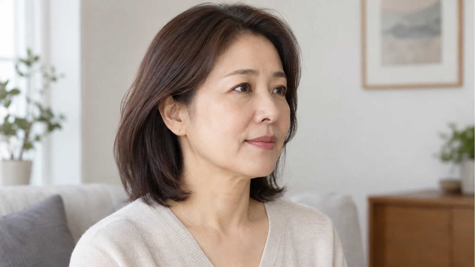 볼과 턱선이 함께 드러난 성인이 오른쪽을 바라보는 모습