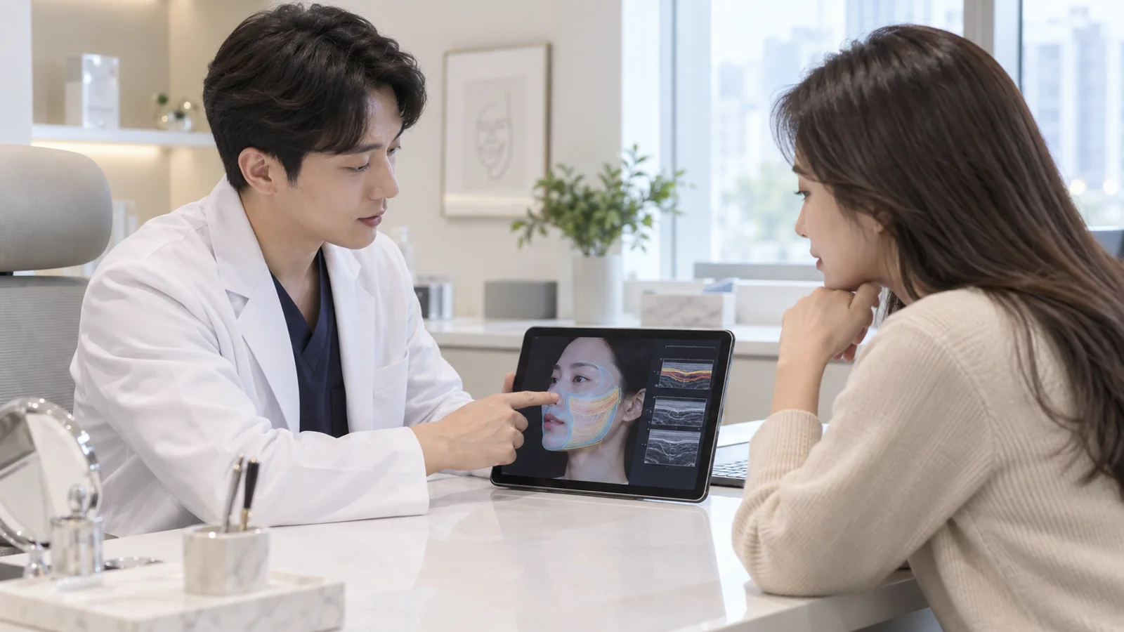 태블릿의 얼굴 깊이 지도를 보며 초음파 리프팅 부위를 상담하는 장면