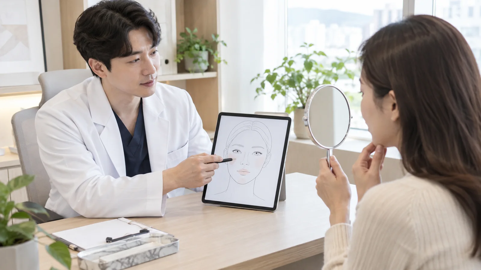 손거울을 든 환자에게 얼굴 부위별 계획을 설명하는 상담 장면