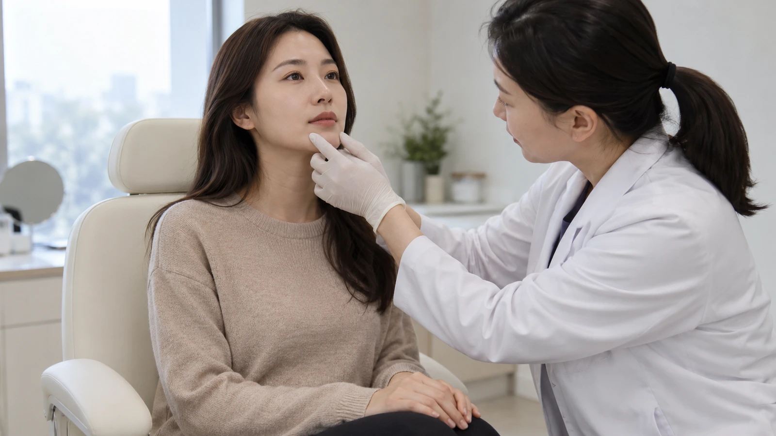 의자에 앉은 여성의 턱과 입 주변을 장갑 낀 손으로 살피는 흰 가운의 의료진