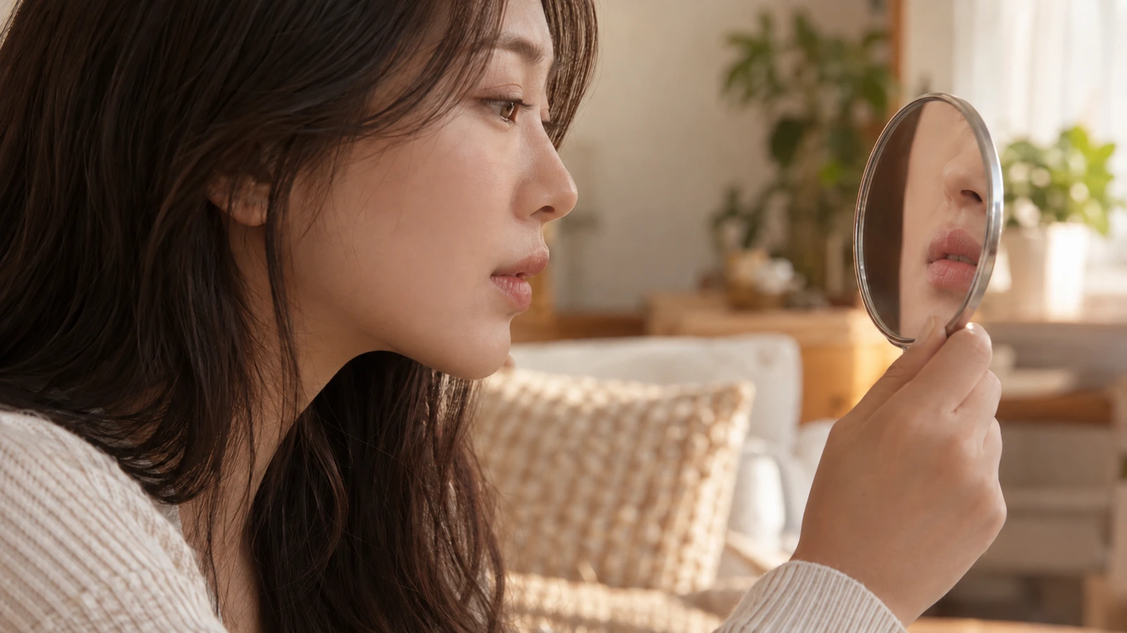 손거울에 비친 입술 주변을 살펴보는 성인의 옆모습