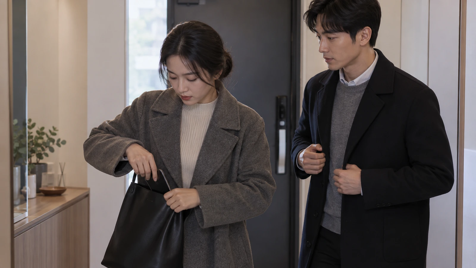 현관에서 휴대전화를 가방에 넣는 여성과 외투를 입고 옆에 서 있는 남성