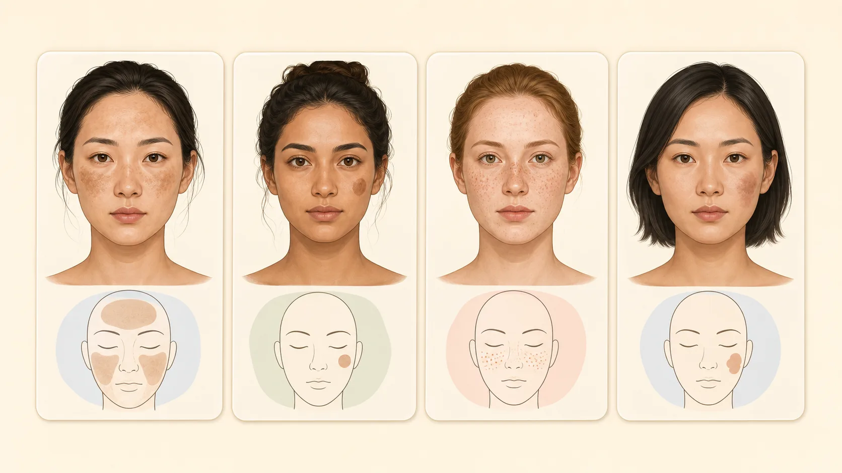 기미와 흑자, 주근깨, 염증 후 색소침착의 분포를 비교하는 상담 자료
