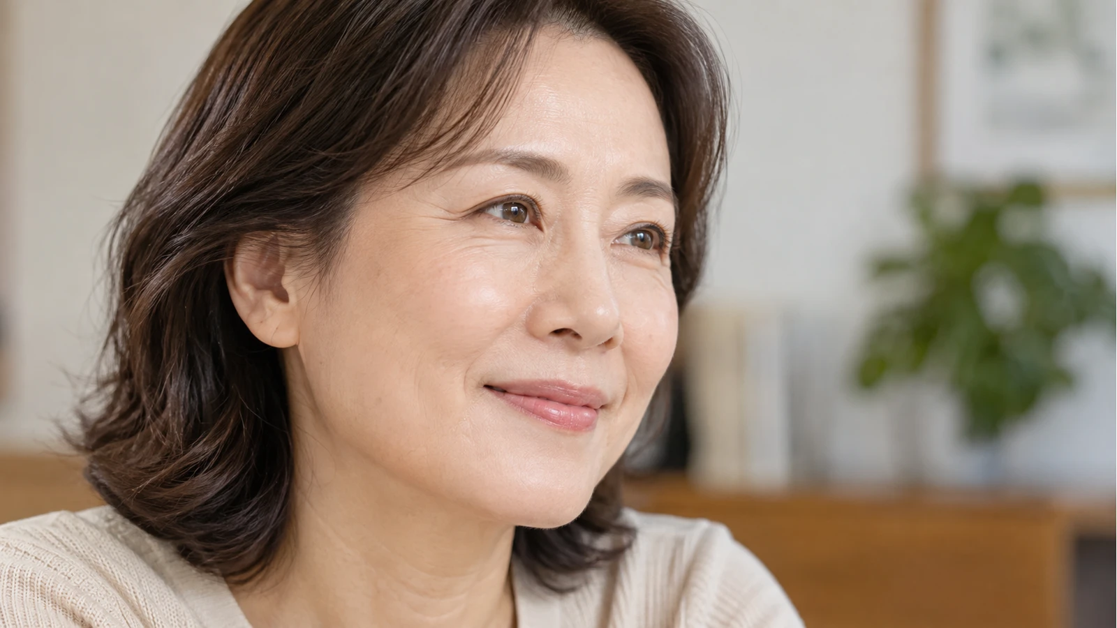 눈가의 잔주름과 볼 피부결이 보이는 성인 여성의 가까운 옆얼굴
