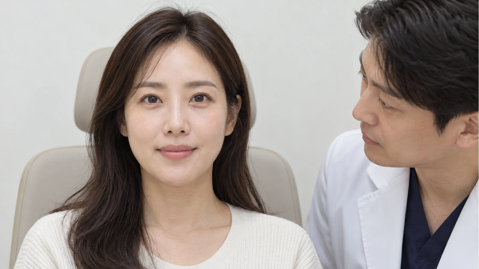 정면에 앉은 여성의 눈가를 옆에서 바라보는 의료진 역할 인물