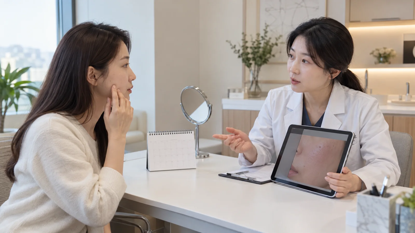 같은 조명의 피부 사진과 빈 회복 달력을 준비한 모습