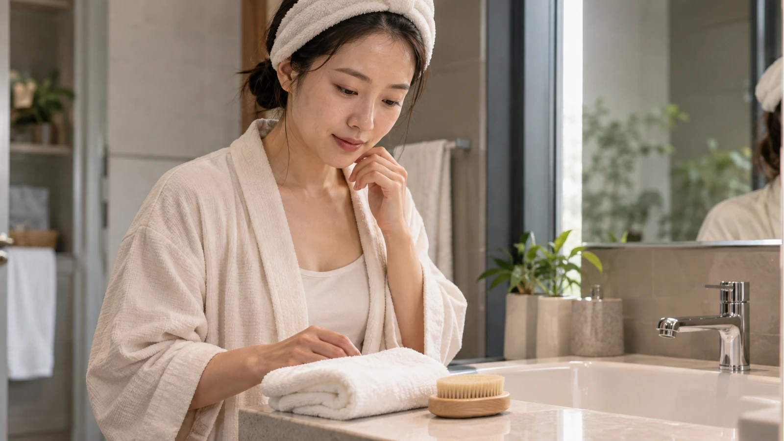 세면대 앞 여성이 접힌 수건과 나무 세정 브러시를 내려다보는 모습