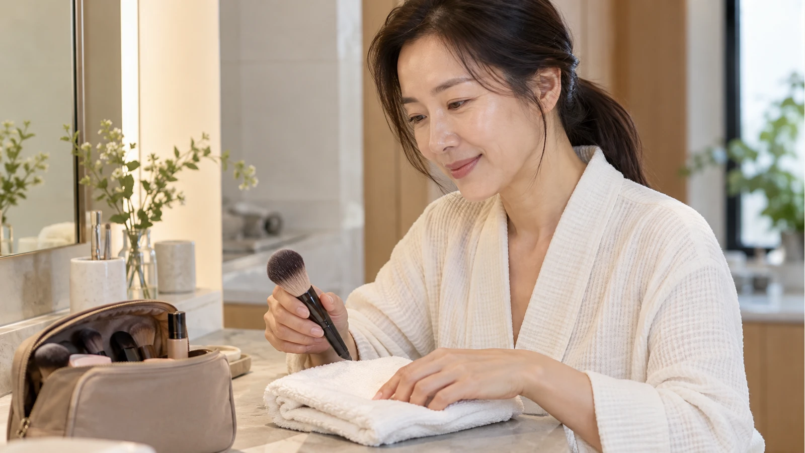 화장용 붓을 든 여성이 화장품 가방 옆의 접힌 수건에 다른 손을 얹은 모습