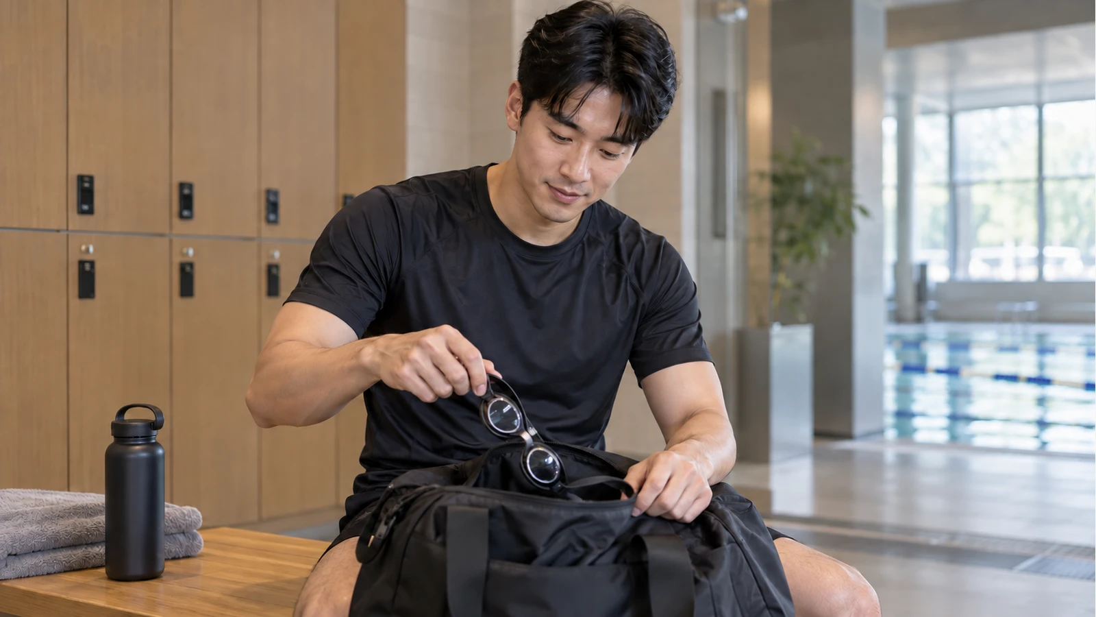 수영장이 보이는 탈의 공간에서 남성이 수경을 운동 가방에 넣는 모습
