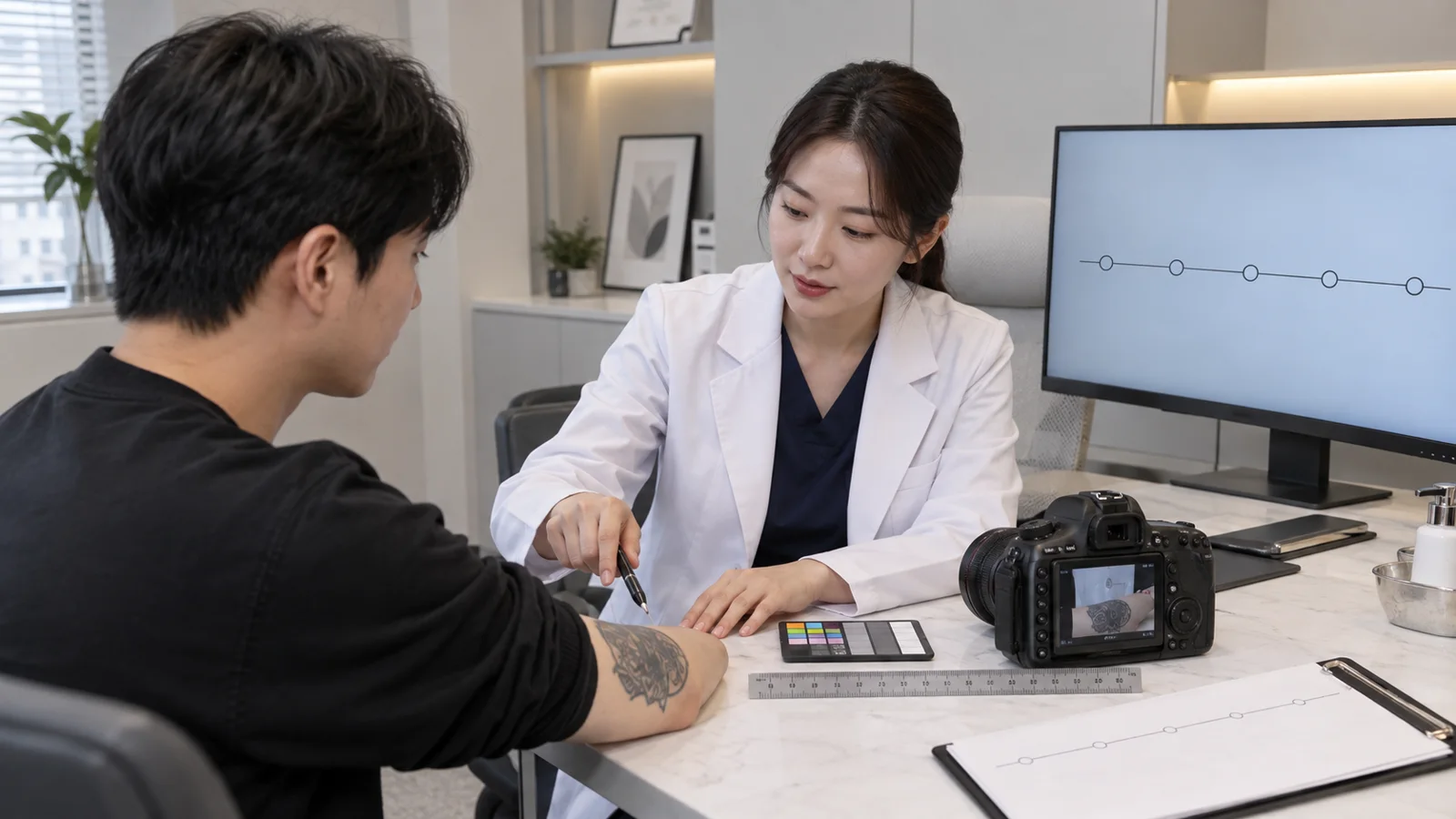 문신 크기를 자와 색상 카드로 기록하는 상담용 촬영 장면