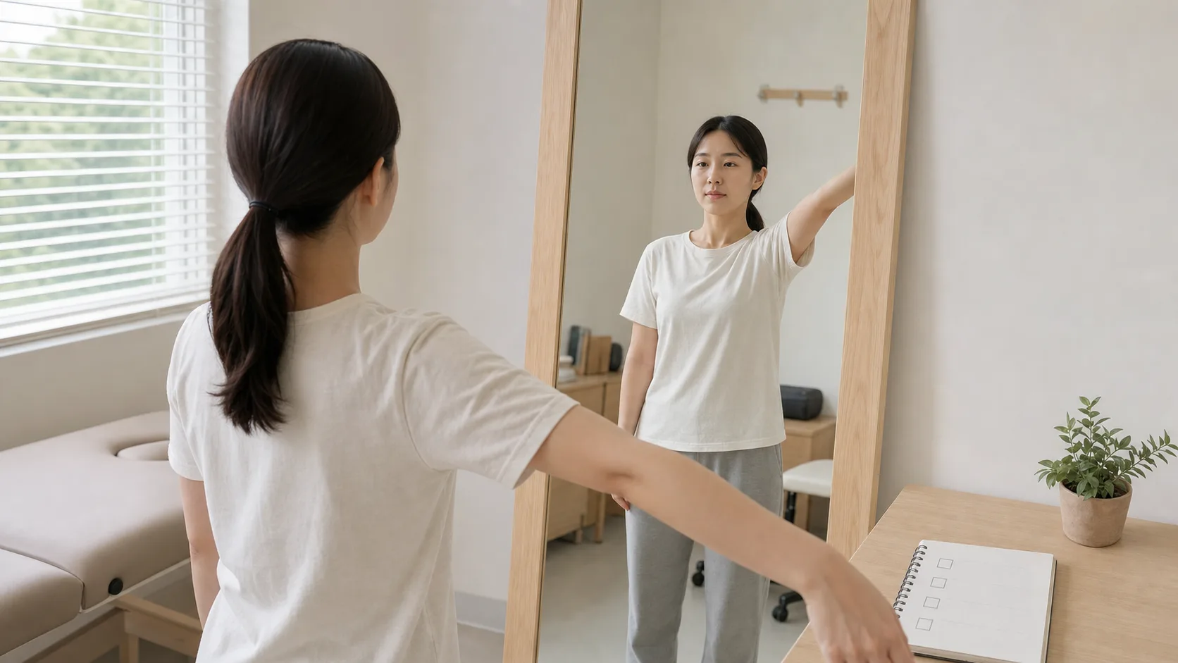 거울 앞에서 팔을 올리고 내리며 좌우 어깨 라인과 근육 움직임의 차이를 관찰하는 모습