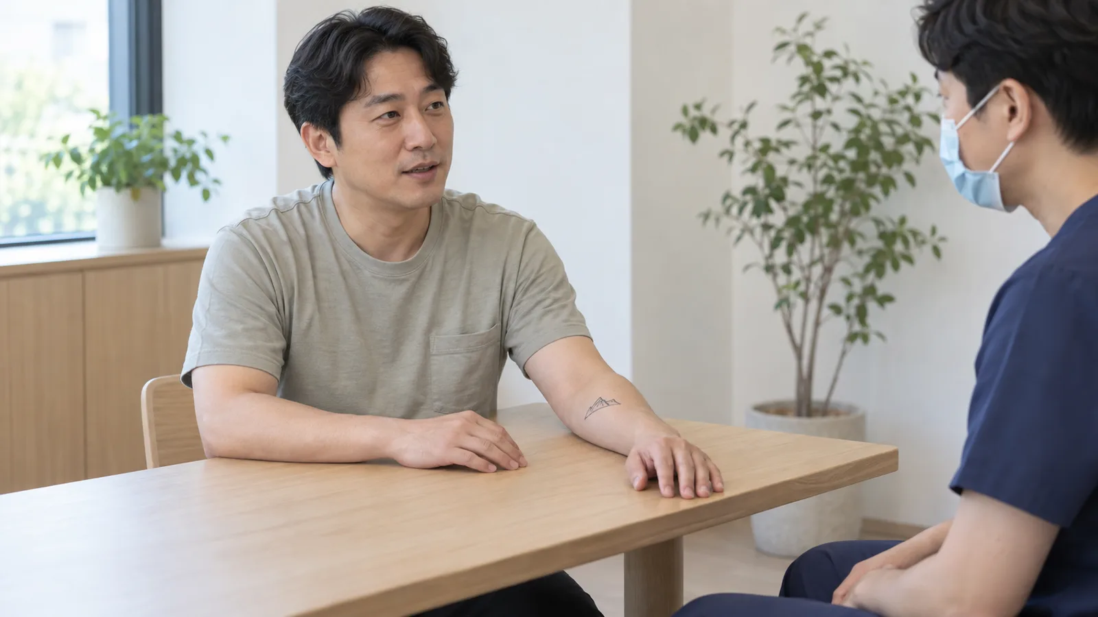 밝은 방의 원목 탁자에서 작은 산 모양 문신이 있는 팔을 올린 남성이 마스크를 쓴 남색 의료복 차림의 사람과 이야기하고 있다.
