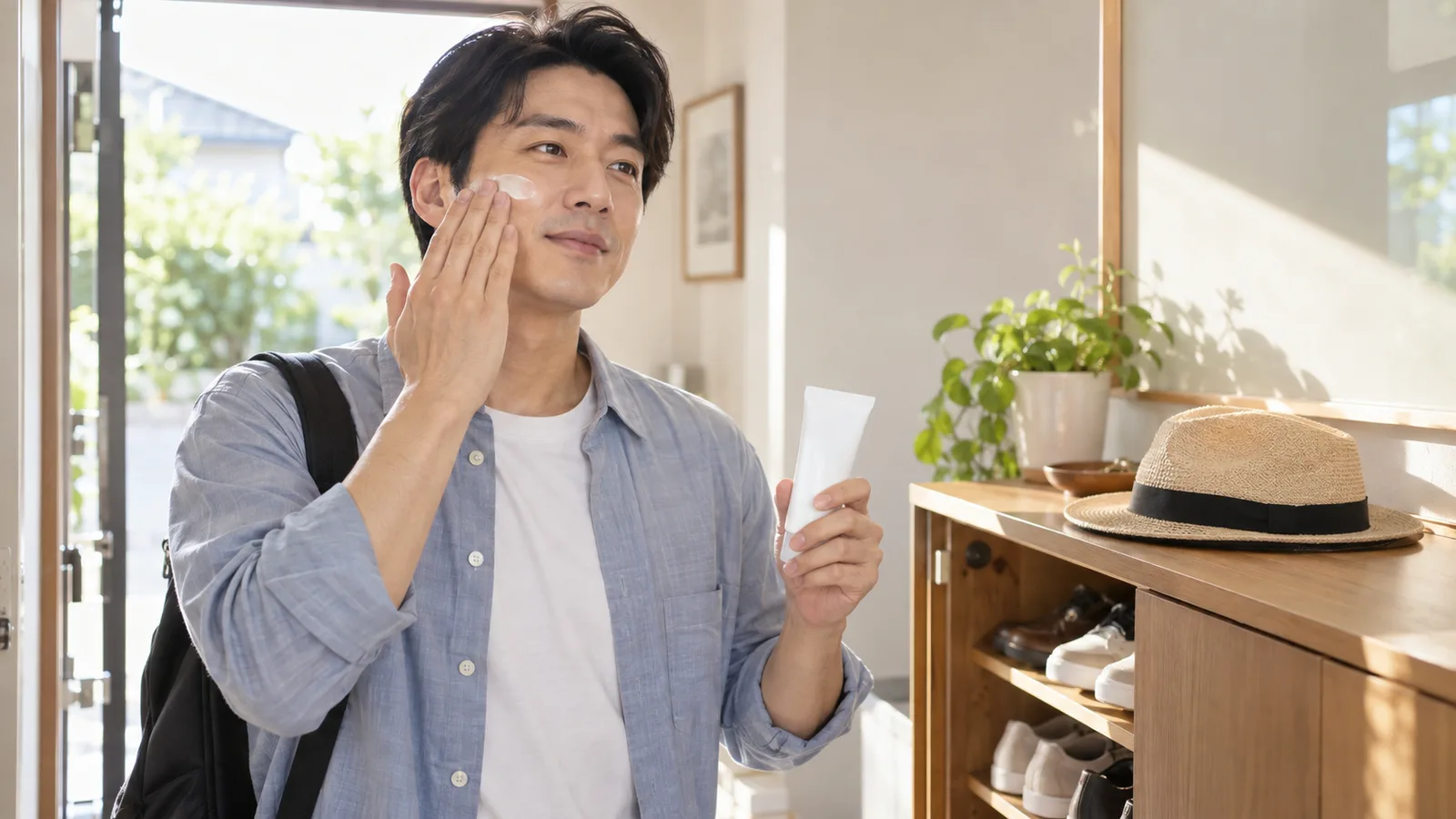 밝은 현관의 신발장 옆에서 남성이 외출 전에 한 손에 흰 선크림 튜브를 들고 다른 손으로 뺨에 선크림을 바르고 있고 신발장 위에 챙 있는 모자가 놓여 있다.