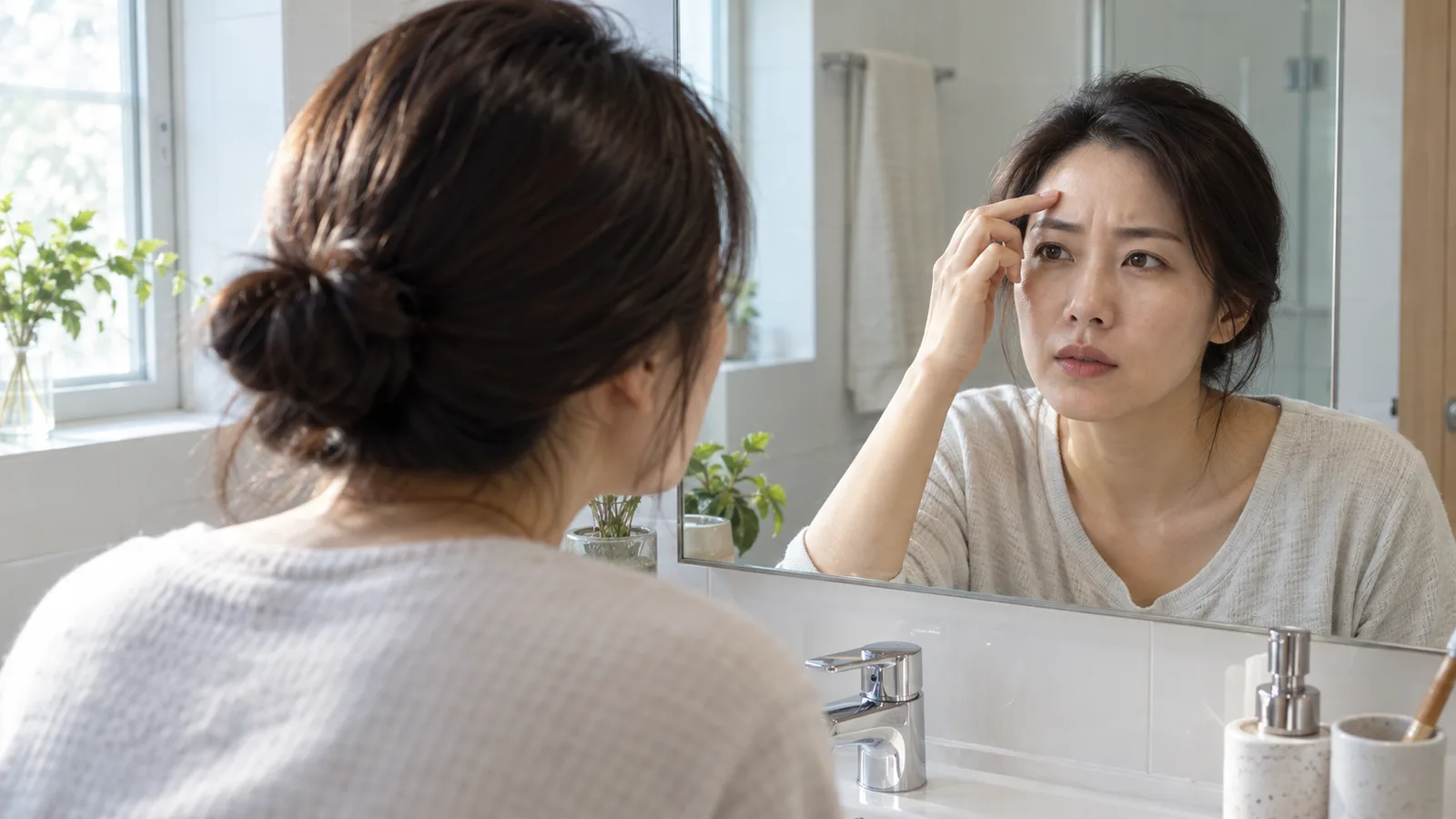아침 햇살이 드는 욕실 거울 앞에서 여성이 미간을 찡그린 채 손가락으로 이마를 짚으며 거울 속 자신의 얼굴을 들여다보고 있다.