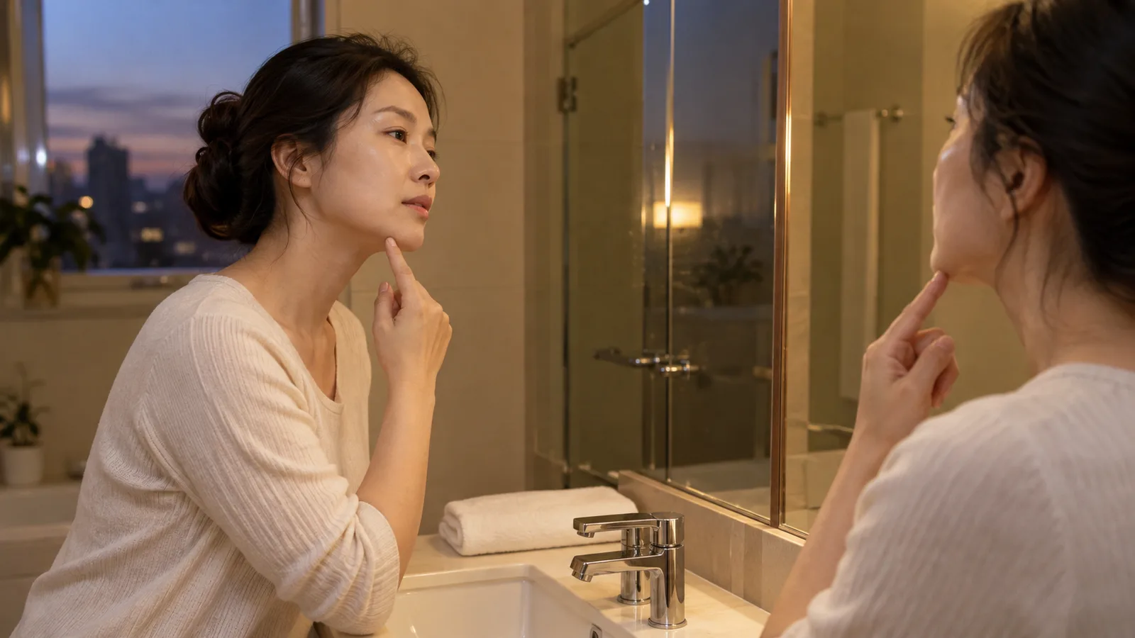 저녁 노을이 보이는 욕실 거울 앞에서 여성이 검지로 턱 아래를 짚고 거울 속 자신의 턱선을 바라보고 있다.