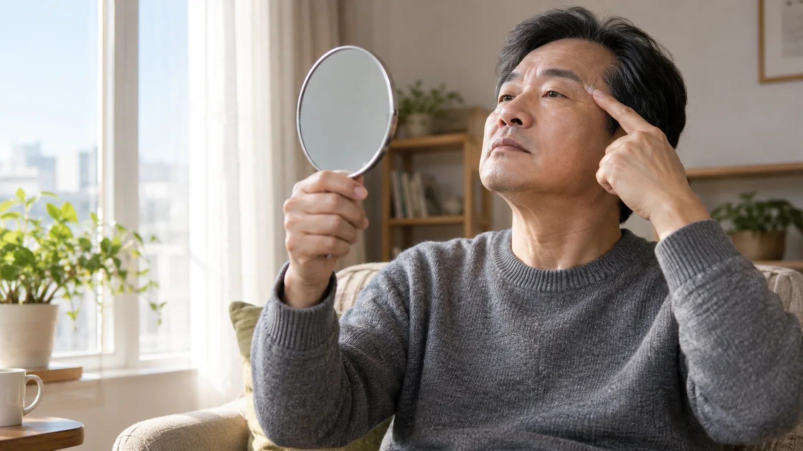 창가 거실 안락의자에 앉은 50대 남성이 한 손에 둥근 손거울을 들고 턱을 살짝 든 채 다른 손 검지로 눈썹 끝을 가리키며 생각에 잠겨 있다.