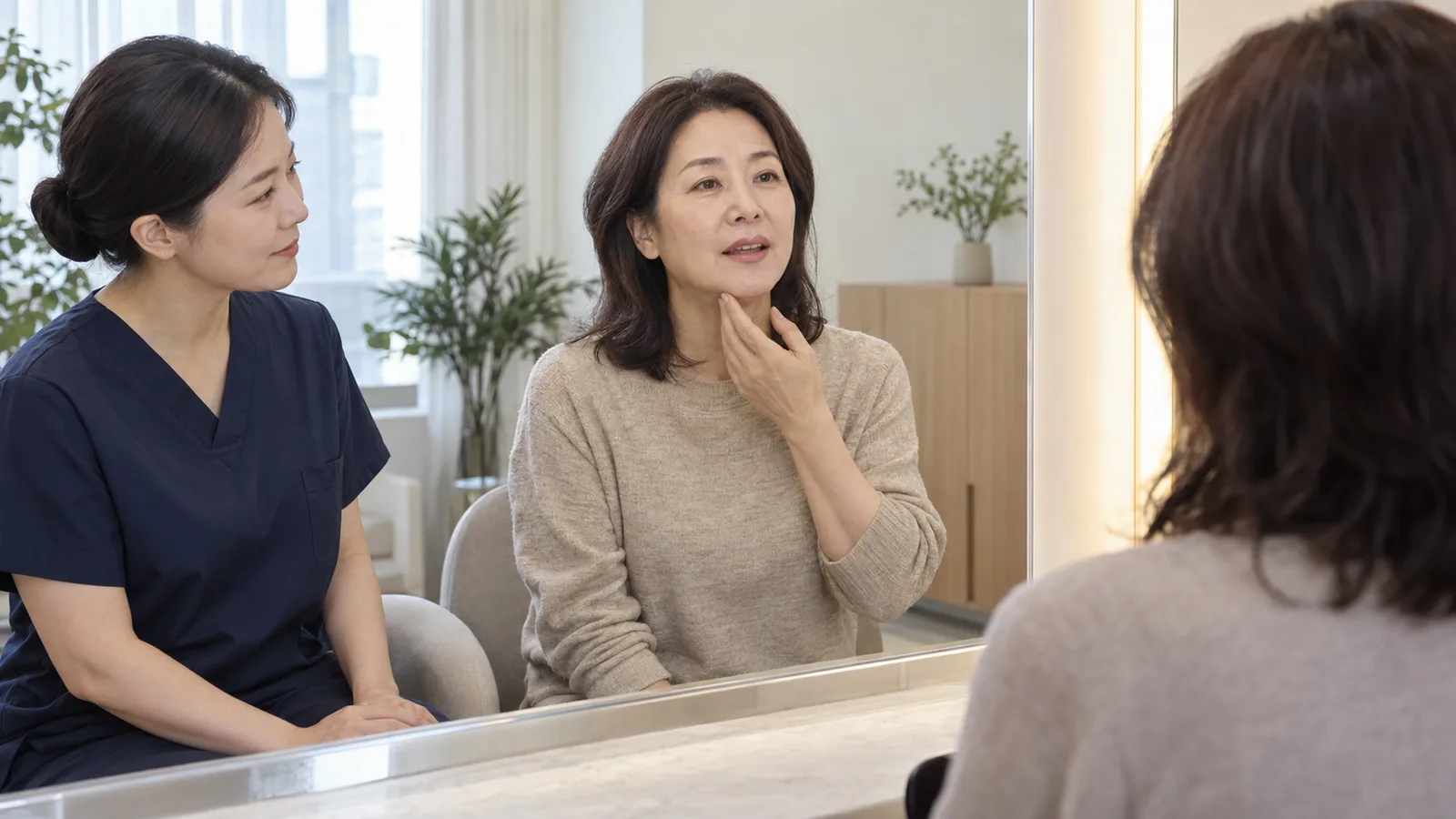밝은 상담실 벽거울에 남색 의료복 차림의 사람과 중년 여성이 나란히 앉은 모습이 비치고, 여성이 손으로 자신의 턱밑 선을 짚으며 이야기하고 있다.