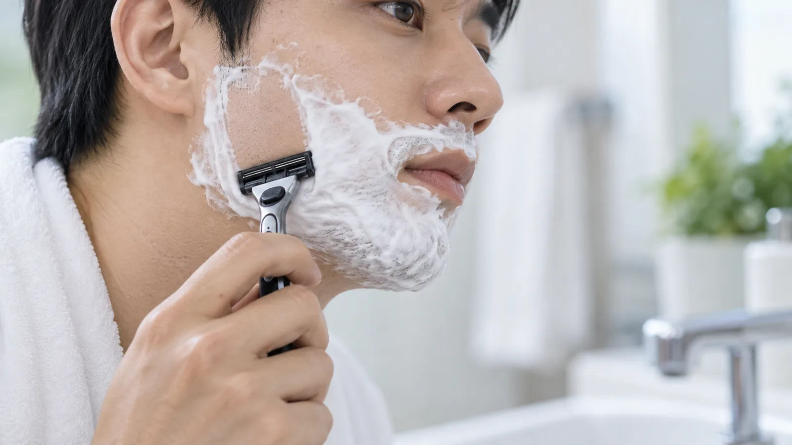 세면대 앞에서 흰 거품을 바른 볼과 아래턱을 무늬 없는 일반 면도기로 면도하는 남성의 손과 얼굴 옆모습 근접 장면이다.