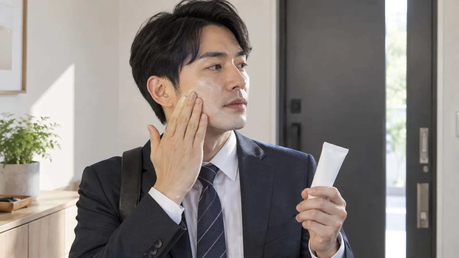 현관 앞 자연광 속에서 정장 차림의 남성이 한 손에 무지 흰 튜브를 들고 다른 손으로 볼에 흰 선크림을 펴 바르고 있다.